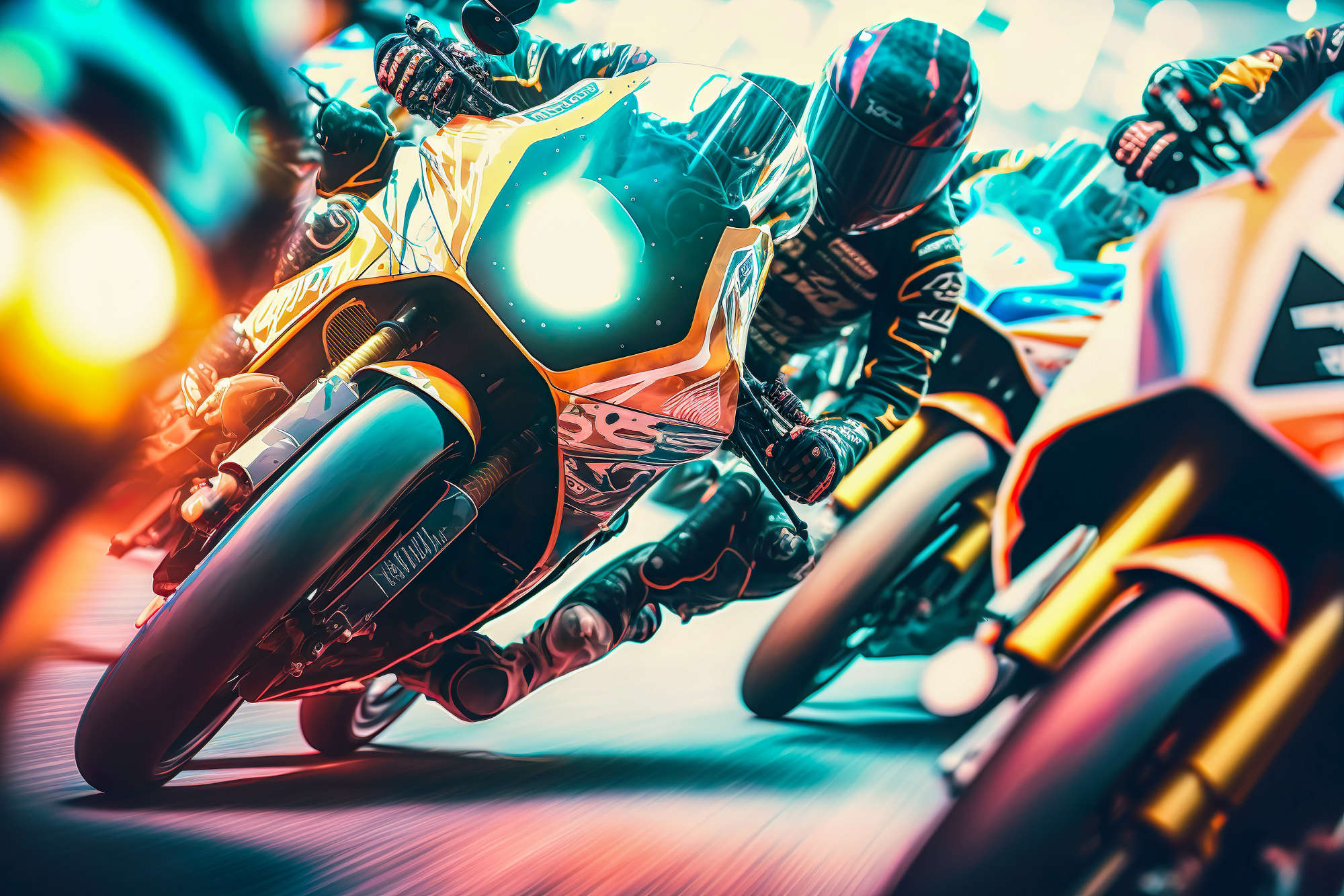 Brightly painted motorcycles racing on a track
